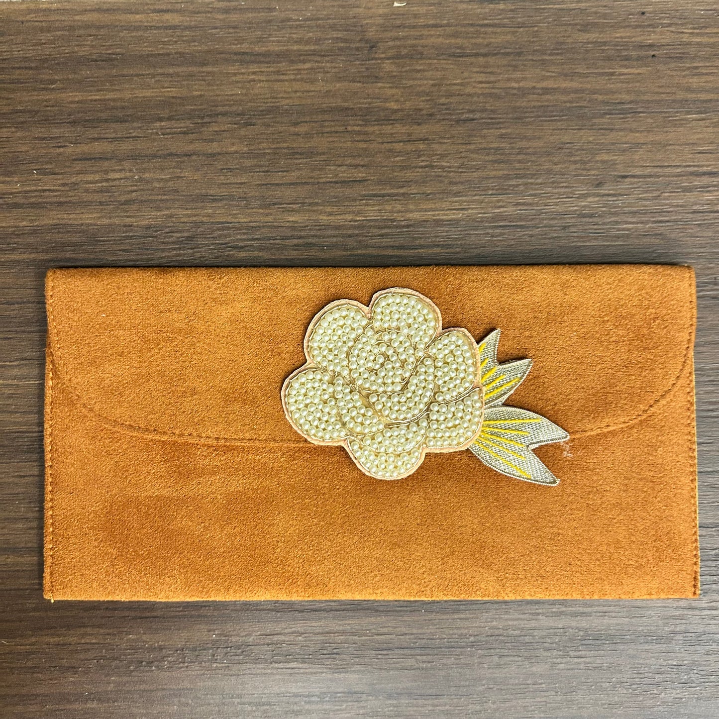 Rose Flower Motif Suede Envelope - Large