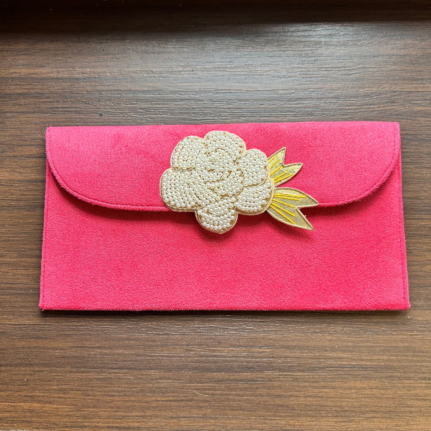 Rose Flower Motif Suede Envelope - Large