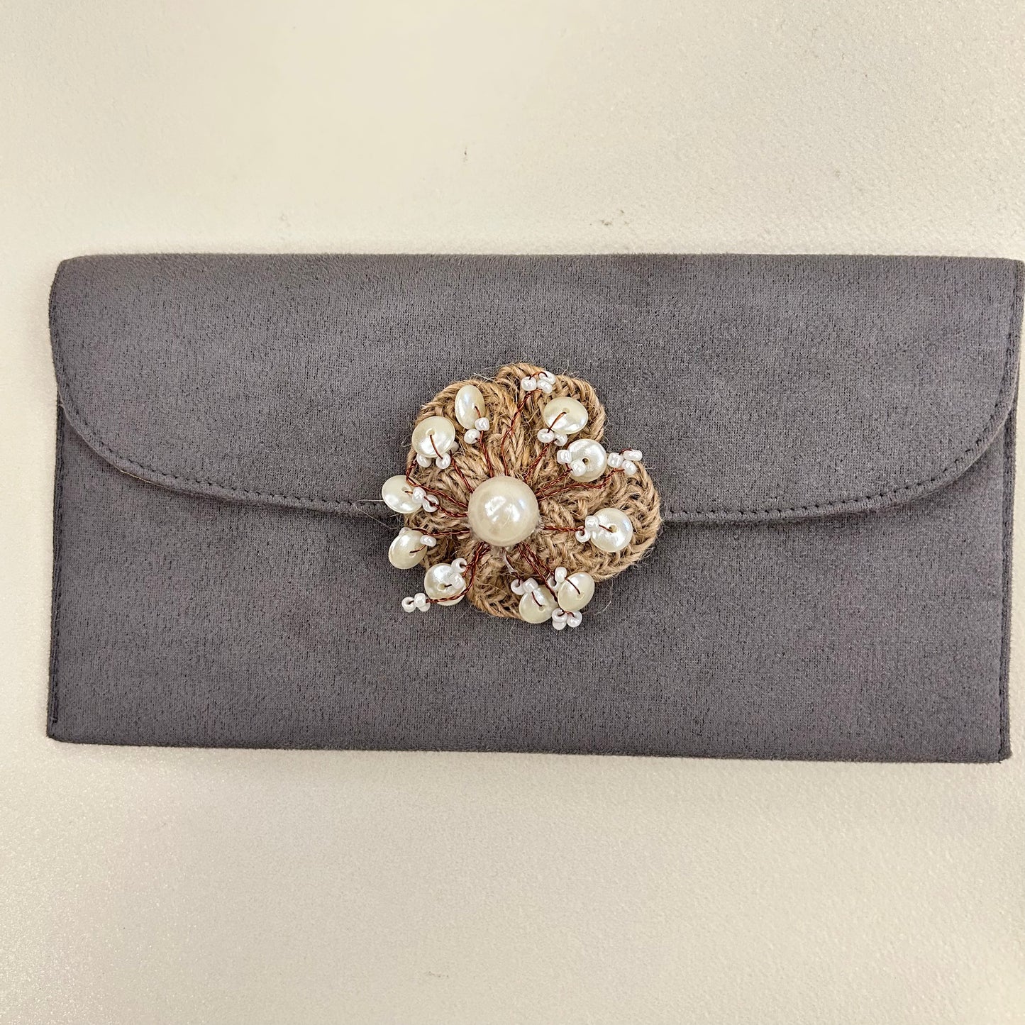 Jute Pearl Flower Suede Envelope