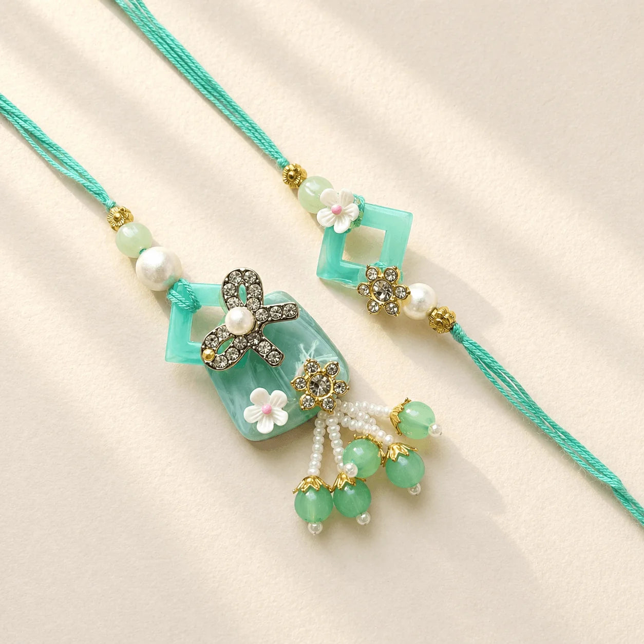 Blue Bow Rakhi Set - handcrafted Rakhi & Lumba set for bhaiya-bhabhi | Traditions4u