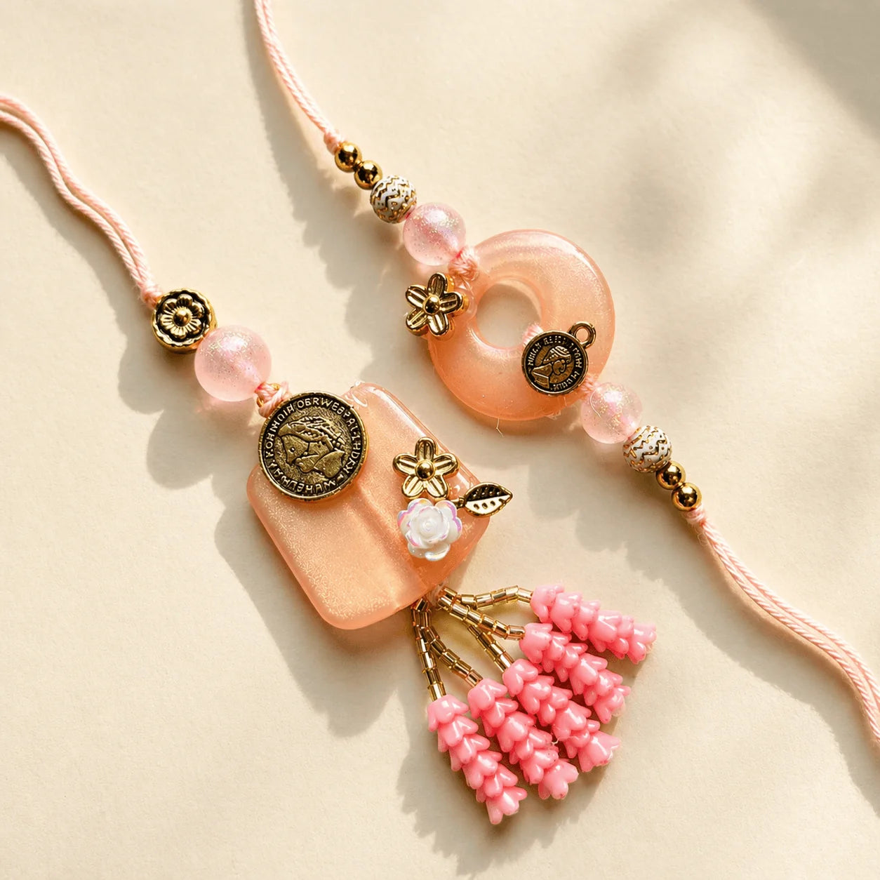 Peach Rakhi Set with Coin & Flower - handcrafted Rakhi & Lumba set for bhaiya-bhabhi | Traditions4u