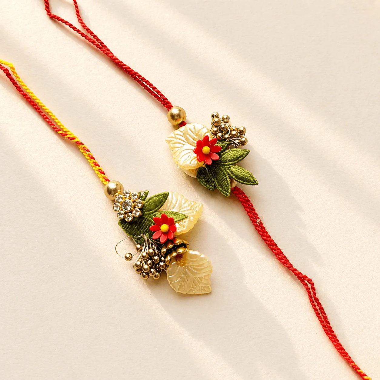 Small Red Flower Rakhi Set - handcrafted Rakhi & Lumba set for bhaiya-bhabhi | Traditions4u