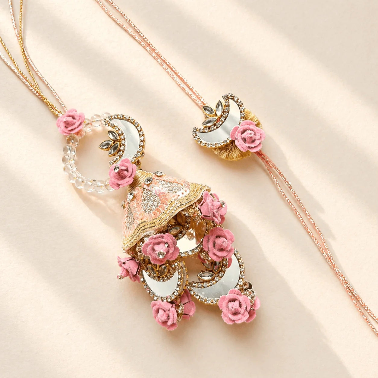 Wooden Pink Rakhi Set - handcrafted Rakhi & Lumba set for bhaiya-bhabhi | Traditions4u