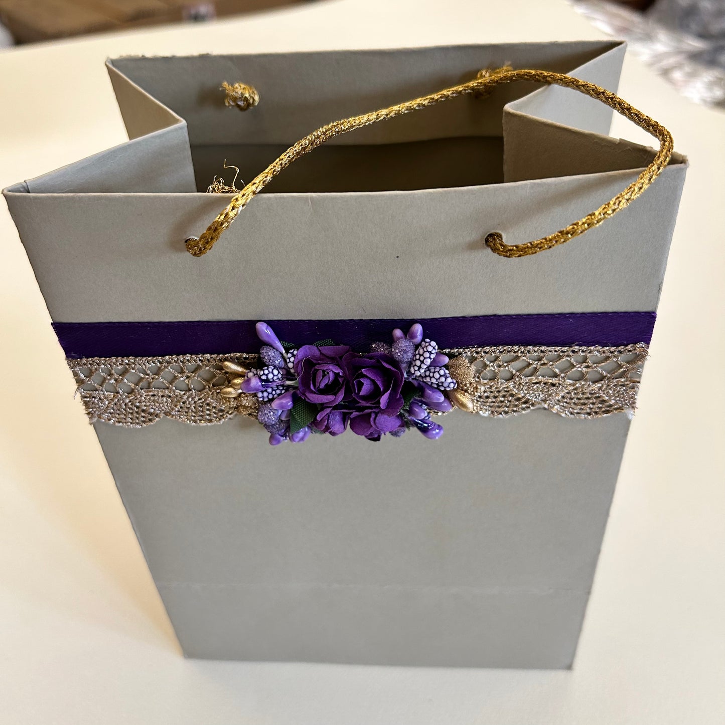 Golden Lace with purple flowers Paper Bag