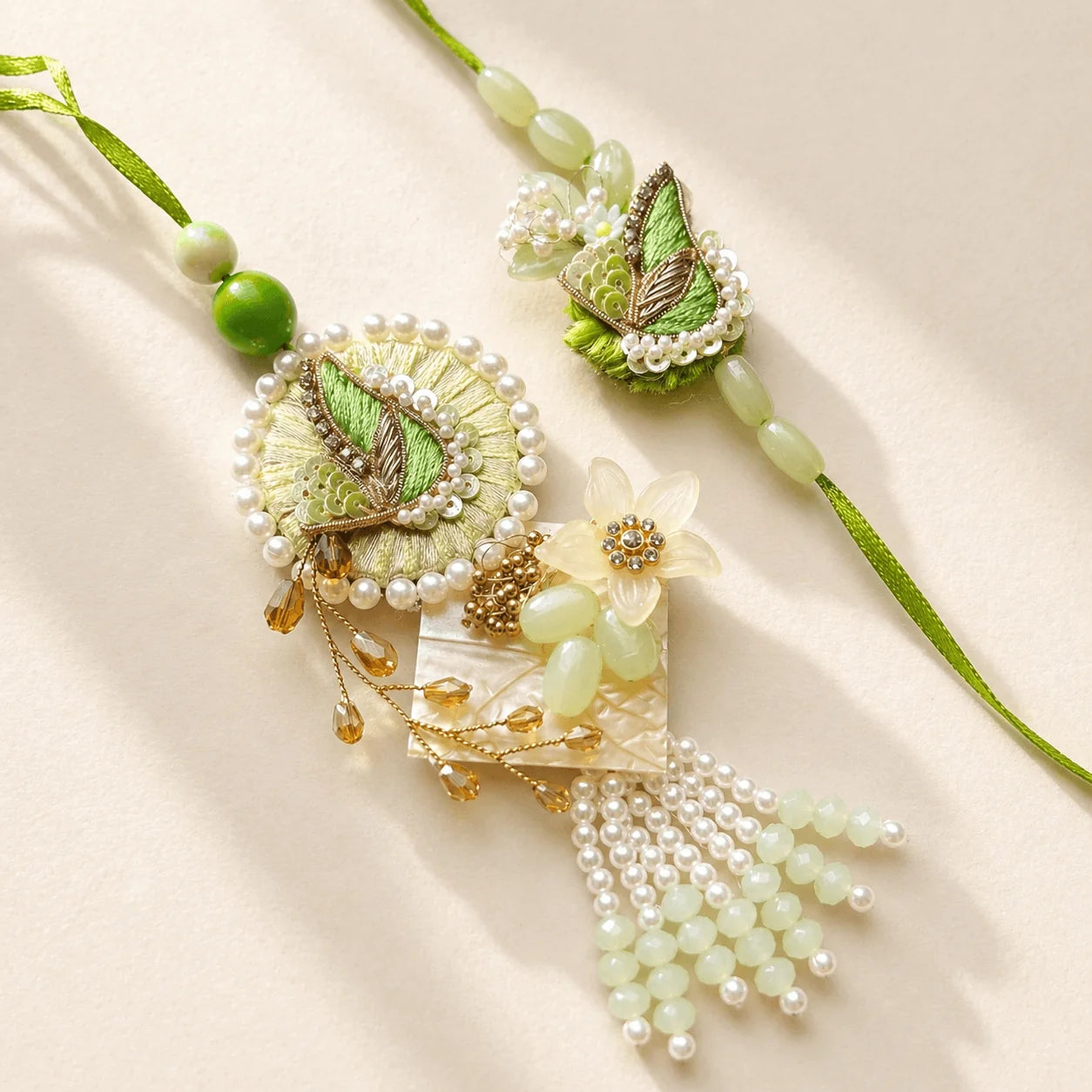 Green Rakhi Set - handcrafted Rakhi & Lumba set for bhaiya-bhabhi | Traditions4u