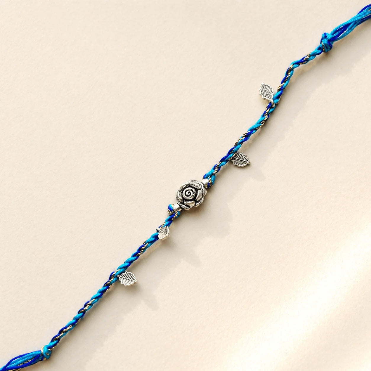 Silver Rose & Leaves Charm Rakhi