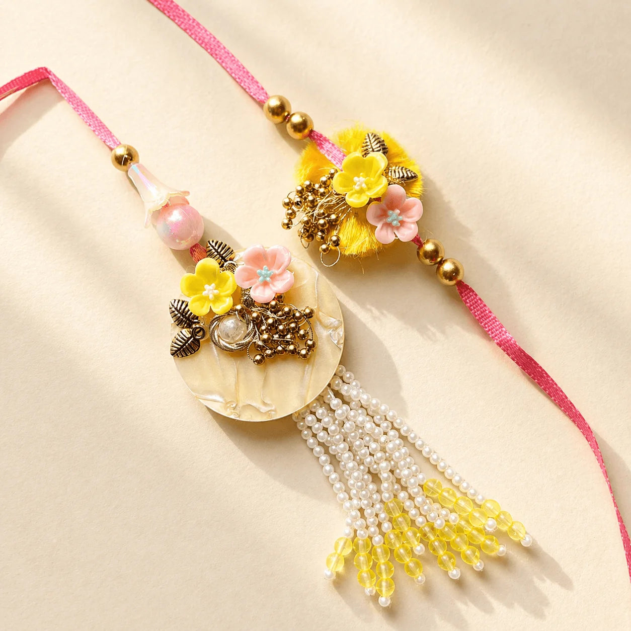 Yellow & Peach Rakhi Set - handcrafted Rakhi & Lumba set for bhaiya-bhabhi | Traditions4u